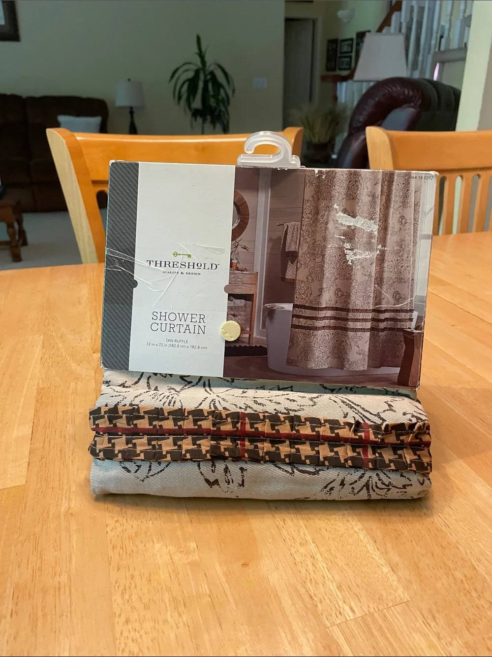 Threshold Taupe and Beige Floral Shower Curtain with Houndstooth Trim